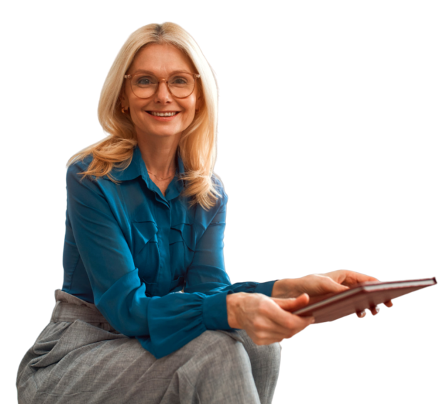 smiling lady holding a notebook